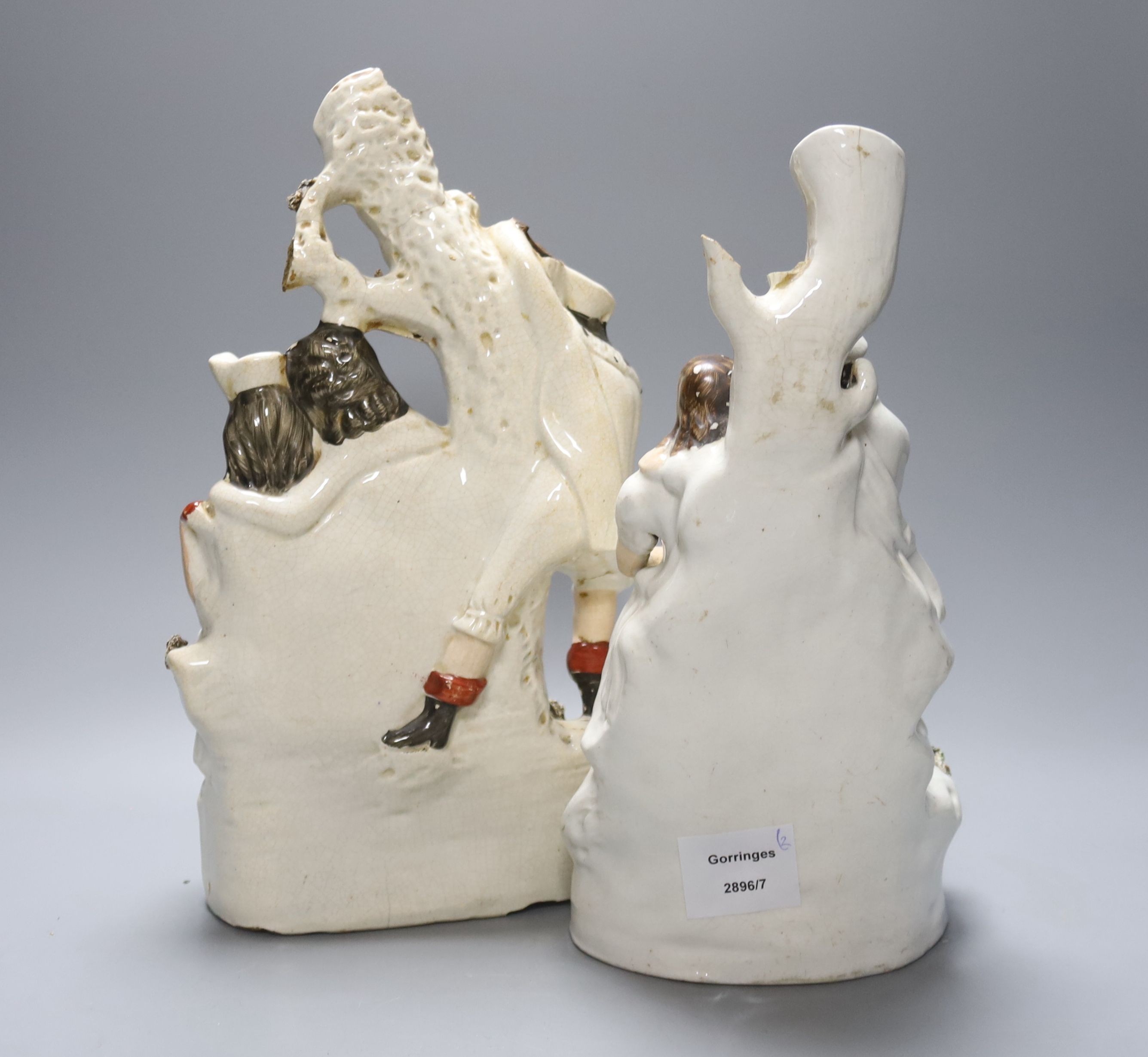 Two titled Staffordshire flatback groups ‘The Rival’ and another with printed poem, 32cm